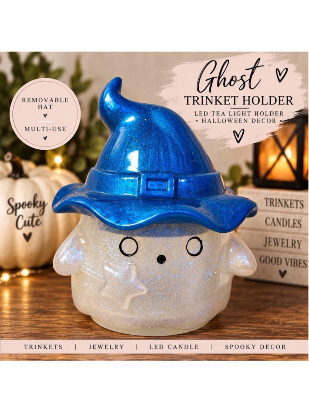 Resin White Iridescent Glitter Style Ghost trinket / Shimmery Blue Witch Hat